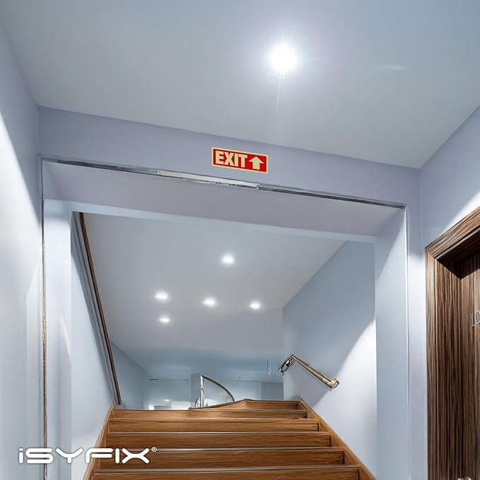 iSYFIX Exit Signs with Directional Up Arrow - 2 Pack 12x4 Inch Glow in the Dark for Business, School, Office, Warehouse - Durable 40 Mil Polystyrene, UV Laminated, Waterproof, Scratch & Fade Resistant
