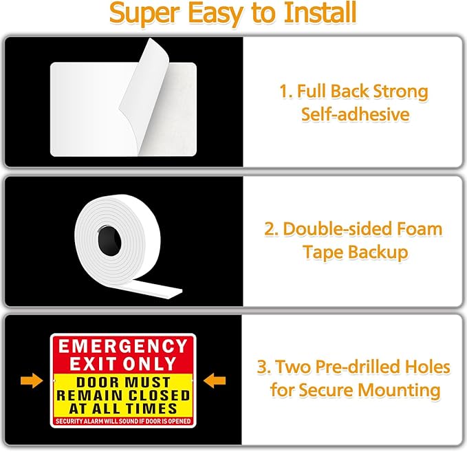 Emergency Exit Only Sign, (2 Pack) Self Adhesive Emergency Exit Sign Sticker for Door, Rust Free and Reflective Aluminum Metal Signs for Wall (9 x 6 inches, Red/Yellow)