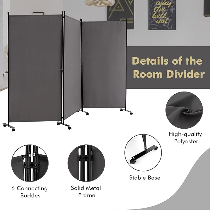 Giantex 3 Panel Room Divider with Wheels, 103''W x 71''H Folding Privacy Screen, Rolling Partition Room Dividers for Home Office Studio, Freestanding Fabric Wall Divider for Room Separation, Gray