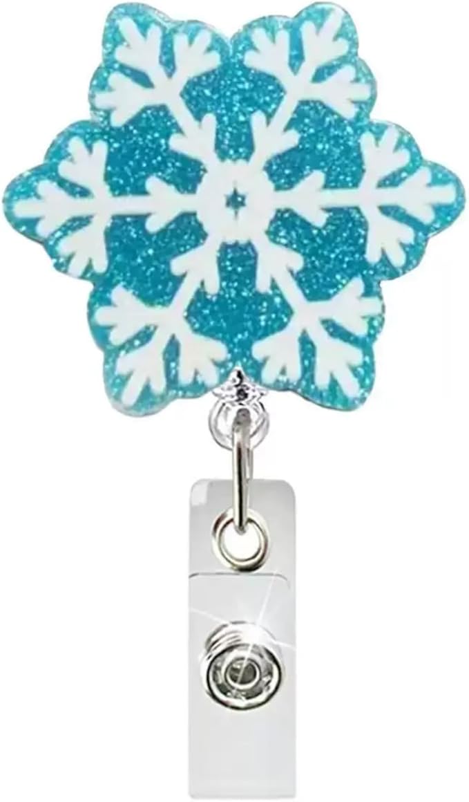 Snowflake Badge Holder Winter Badge Reel Sparkling Blue White Snowflakes Nurse Badge Holder with Alligator Clip Cute Christmas Badge Reels Xmas ID Name Badge Clips for Nurse Teacher Office Decoration