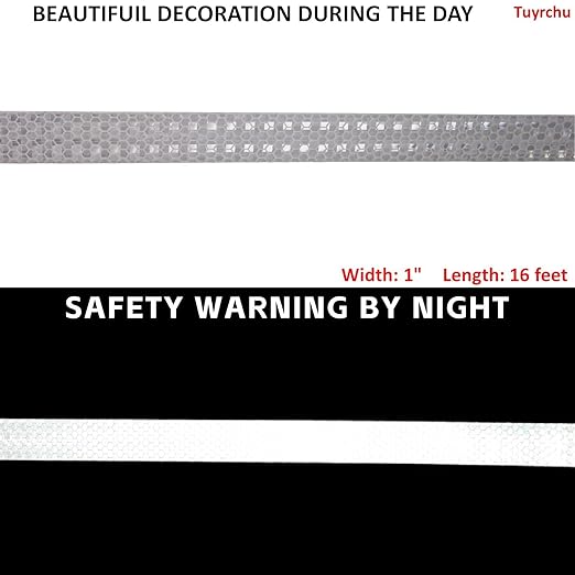 Non Fading Reflective Tape White 1 inch Wide, Outdoor Waterproof High Visibility Safety Warning Adhesive Stickers Strips (16 feet)