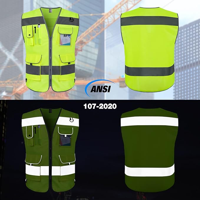 TCCFCCT Reflective Safety Vest 9 Pockets High Visibility Vest for Men Women, Hi Vis Reflective Work Vest for Safety, Meets ANSI/ISEA Standards, (Yellow, XX-Large)