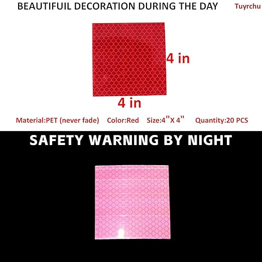 Non Fading Red Reflective Stickers 4 inch X 4 inch, Outdoor Waterproof High Visibility Warning Safety Adhesive Reflector Tape (20 Pcs)
