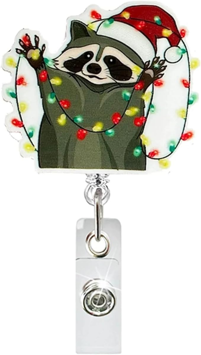 Christmas Raccoon Badge Reel Cute Animals Badge Holder Retractable Raccoon Light Strings Xmas Badge Reels with Alligator Clip Acrylic Nurse Name Tag Christmas Badges Holder for Doctor Teacher Office