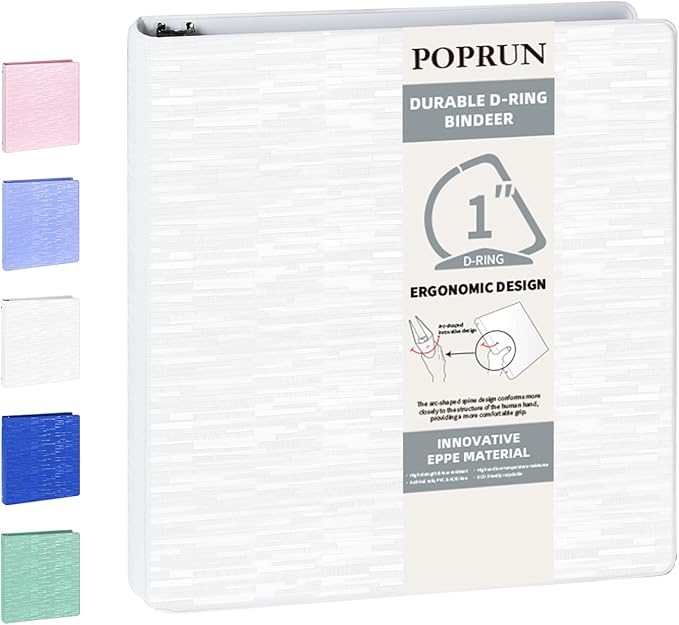 POPRUN 3 D Ring Binder 1 Inch, PVC-Free, Holds 225 Sheets of 8.5 x 11 Paper, Extra Durable Organizer with 2 Pockets for School & Office, Heavy-Duty, 1 Pack, White