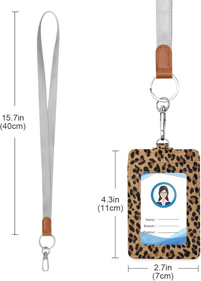 Leopard ID Badge Holder with Lanyard, Vertical Leather ID Badge Card Holder for Office Staff, School Teacher and Student