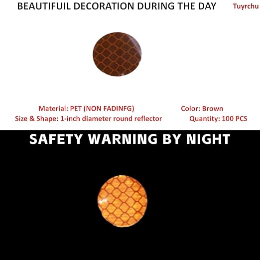 Non Fading Brown Reflective Stickers 1-inch Diameter Round Reflector, Outdoor Waterproof High Visibility Warning Adhesive Tape (100 Pcs)