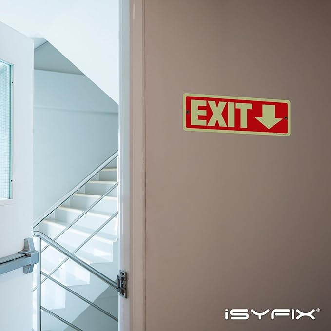 iSYFIX Exit Signs with Directional Down Arrow, Glow in the Dark, Photoluminescent Aluminum 12x4 Inch - 6 Pack, Laminated for UV & Weather Resistance, Ideal for Offices, Schools, Theaters & More