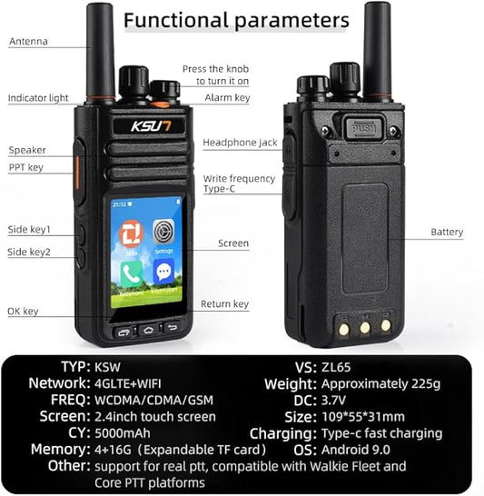 KSUN 4G Network Phones 2.4inch Touch Screen WiFi Radios with PTT Button Walkie Talkies Long Range 5000 Miles Support Bluetooth Android 9 POC Radio for Zello Real-PTT ZL65