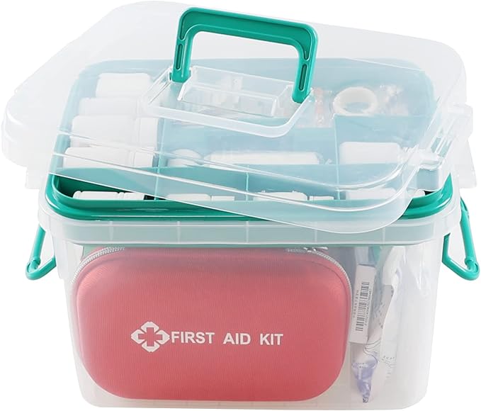 Medical Box, Plastic First Aid Storage Box, Emergency Supplies Medicine Organizer with Handle/Detachable Tray, Clear