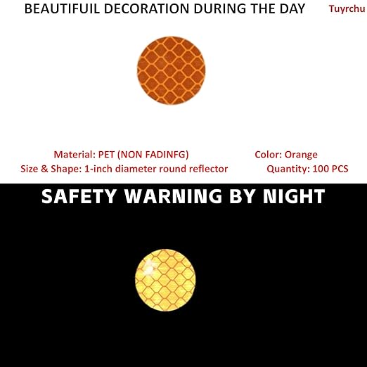 Non Fading Orange Reflective Stickers 1-inch Diameter Round Reflector, Outdoor Waterproof High Visibility Warning Adhesive Tape (100 Pcs)