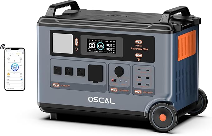 OSCAL PowerMax 6000 Solar Generator, 120V/240V 3600Wh Power Station 6000W AC Outlets (9000W Peak), 2200W AC Charging/2400W Solar Charging, Home Battery Backup for Emergency