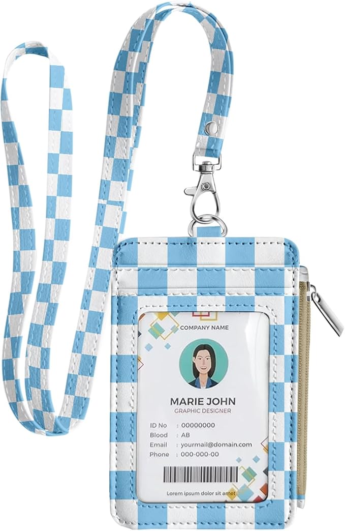 bolimoss Checkered Lanyard Wallet for Women, ID Badge Holder with Zipper Pocket Breakaway Neck Lanyard, Pu Leather Keychain Wallet Office Worker Teacher Student Nurse Gift