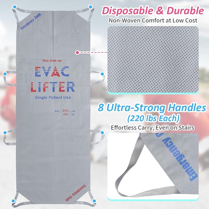Disposable Evacuation Stretcher – Single Patient Use Soft Litter, Lightweight Non-Woven Fabric, Portable Emergency Patient Transport Aid for Hospital, EMS, Stair & Outdoor Rescue, Max Load 330 lbs