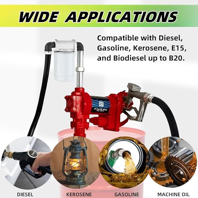 20 GPM 12V Fuel Transfer Pump with Manual Nozzle & Particulate Filter, High Flow Gas Iron Heavy Duty DC Transfer Pump for Gasoline, Diesel Fuel, Kerosene, Biodiesel Vahaha