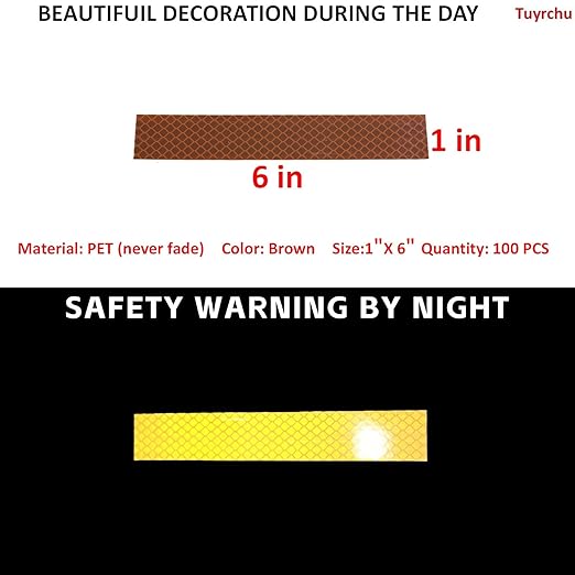 Non Fading Brown Reflective Stickers 1 inch X 6 inch, Outdoor Waterproof High Visibility Warning Safety Adhesive Reflector Tape (100 Pcs)