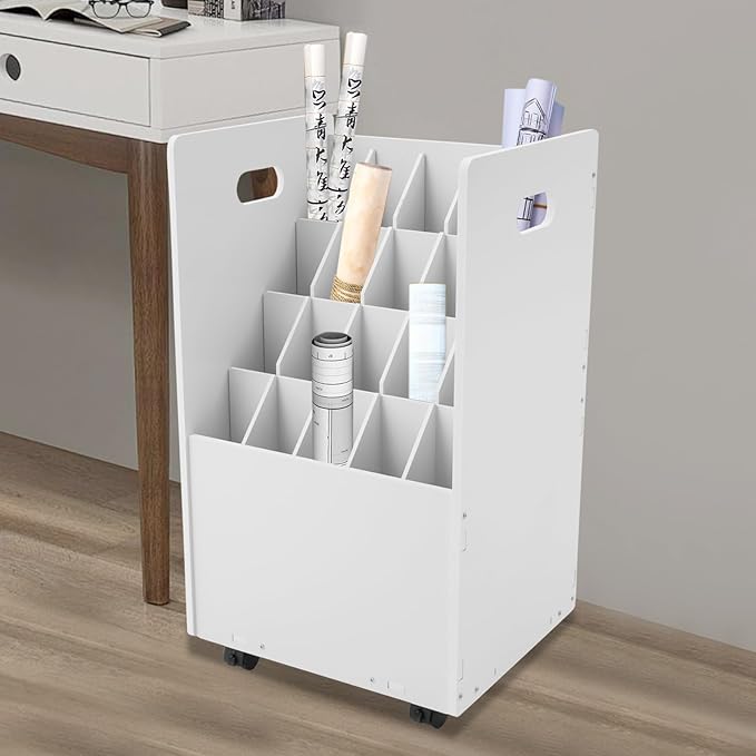 Blue Print Storage Organizer, 20 Slot Mobile Roll File Cart, Construction Plan Holders, Blueprint Cabinet with Wheels for Office Home Library