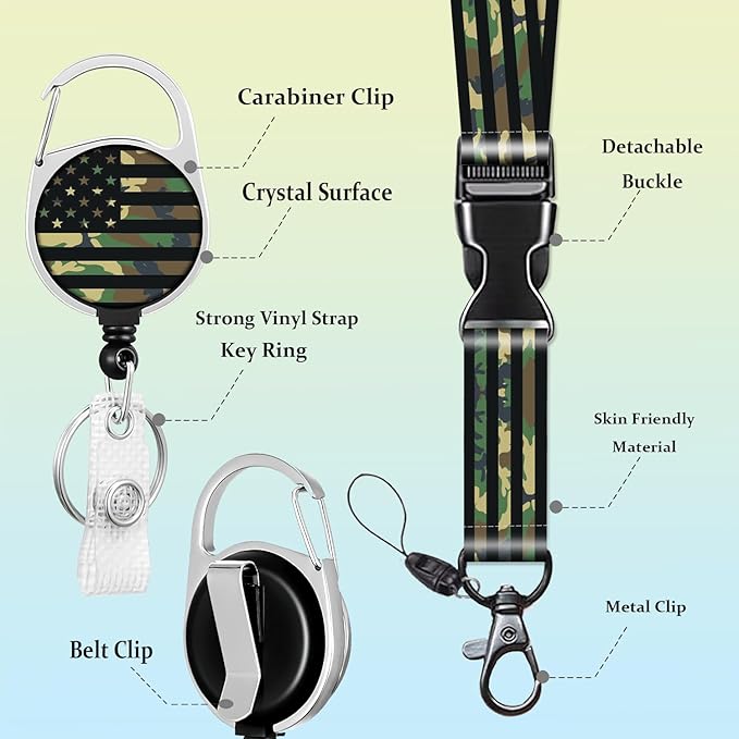 Badge Holder Army Lanyard American Flag USA Camo lanyard for Keys Patriotic Retractable Badge Reel Clip Lanyard Name Card Vertical ID Protector ID Card Holder Keychain Name Badge Clip for Women Men