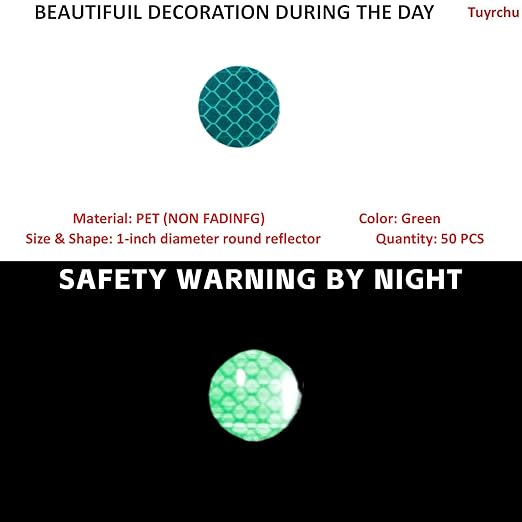 Non Fading Green Reflective Stickers 1-inch Diameter Round Reflector, Outdoor Waterproof High Visibility Warning Adhesive Tape (50 Pcs)