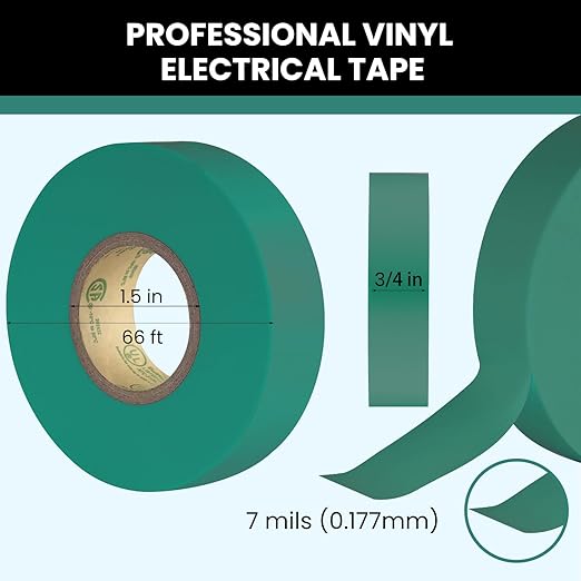 Lichamp 10-Pack Green Electrical Tape Waterproof, 3/4 in x 66ft, Industrial Grade UL/CSA Listed High Temp Electrical Tape Green Electric Super Vinyl