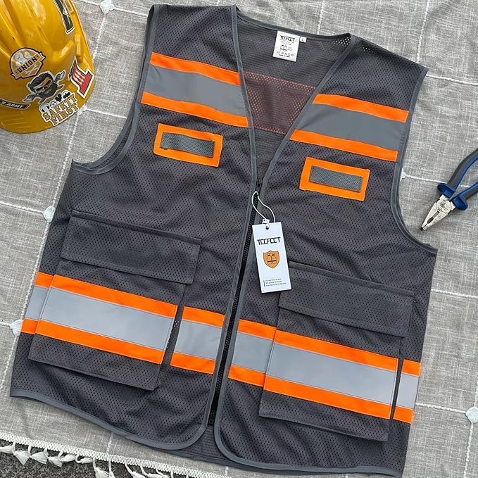 TCCFCCT Mesh Reflective Safety Vest with Pockets High Visibility Vest for Men Women, Work Vest with Fluorescent Orange Extend Edge, Meets ANSI/ISEA Standards, Grey, 2XL