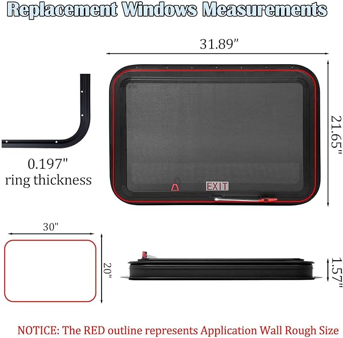 30"x20" RV Emergency Exit Window - DOT-Certified Tempered Glass, Security Lock, Waterproof Aluminum Frame w/Mesh Screen (Fits 1"-1.77" Walls, Complete Kit)