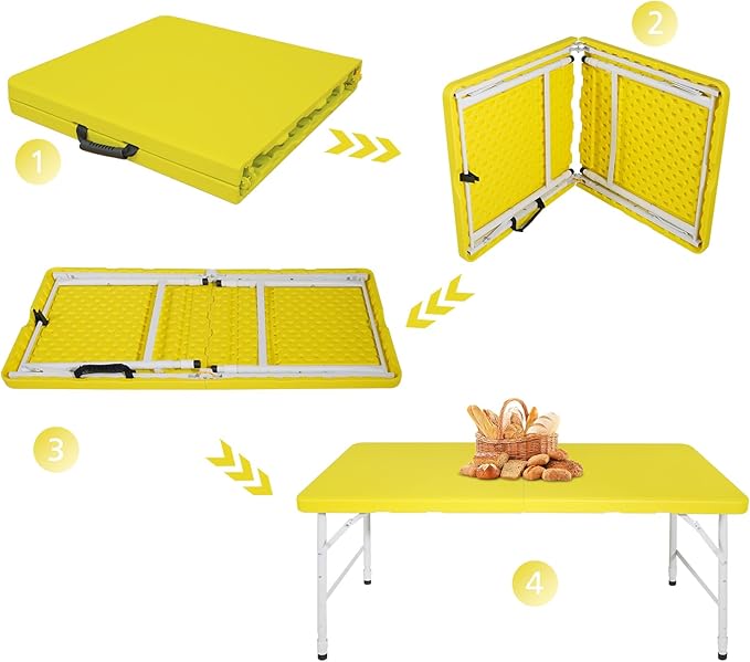 Portable 4Ft Adjustable Height Plastic Folding Table, Heavy Duty Fold-in-Half Table with Carrying Handle, Small Utility Foldable Table for Picnic Party Camping BBQ, Indoor/Outdoor (Yellow)
