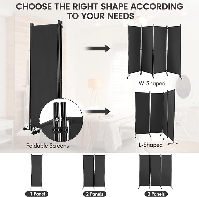 Giantex 4 Panel Room Divider, Folding Privacy Screen with Lockable Wheels, Rolling Partition Room Dividers, Freestanding Fabric Wall Divider for Home Office Studio Separation, 89''W x 68''H, Gray