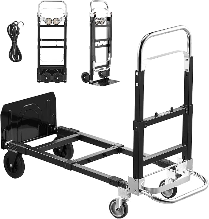VEVOR 3 in 1 Folding Hand Truck, 500 lbs Load Capacity for 4-Wheel Mode, Convertible Hand Truck Dolly with Wheels & Adjustable Handle, Portable Trolley Dolly for Moving Home, Office, Warehouse