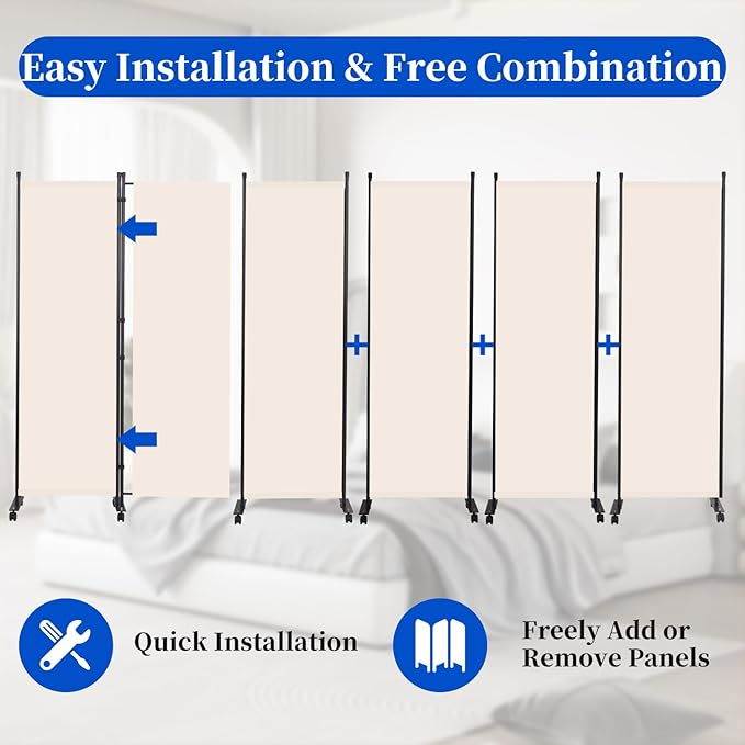 Room Divider 6FT Room Partition with Lockable Wheels, (Thicked Metal Base) Room Dividers, Freestanding Indoor Folding Privacy Screens, Portable Fabric Wall Divider for (Beige, 132"- 6 Panel)