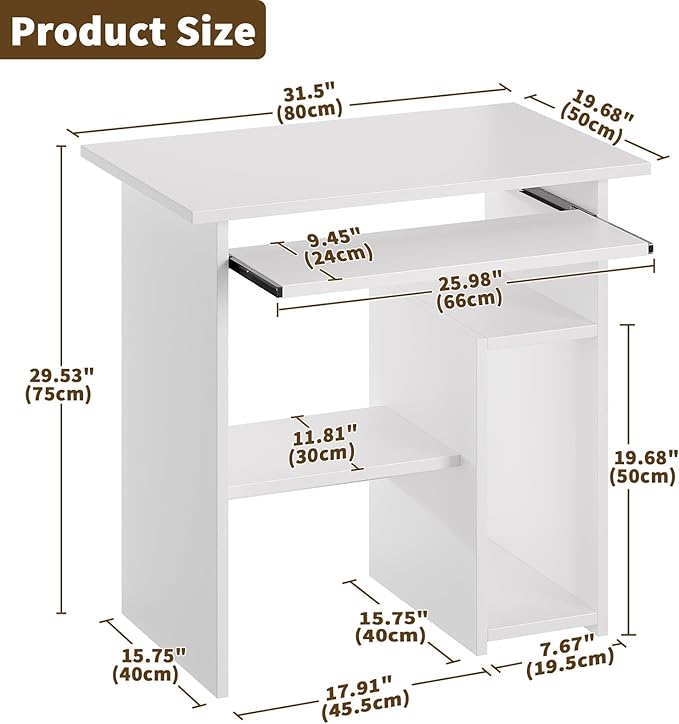 ALISENED Home Office Computer Desk with Monitor Stand Keyboard Tray, 31.5 Inch Study Writing Desk Small PC Laptop Table with Storage Shelves, Modern Workstation for Small Spaces Save Space, White B