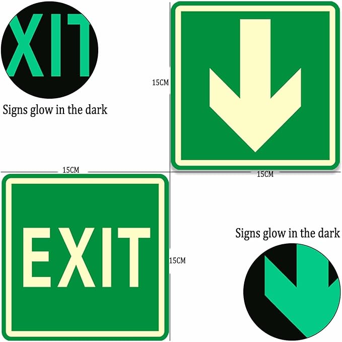 Emergency Exit Sign Glow in the Dark Decals, Running Man Sign With Directional Arrow Light Stickers, 15x15 cm, 8 Pcs Green
