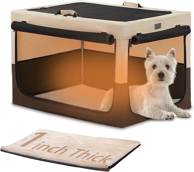 PETSFIT Portable Dog Crate, Collapsible Dog Crate - 24 Inch Easy Set-up, Light, Sturdy, Comfy Inside with Thicken Mat, Soft Crate for Home and Travel Brown