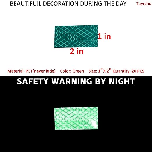 Non Fading Green Reflective Stickers 1 inch X 2 inch, Outdoor Waterproof High Visibility Warning Safety Adhesive Reflector Tape (20 Pcs)