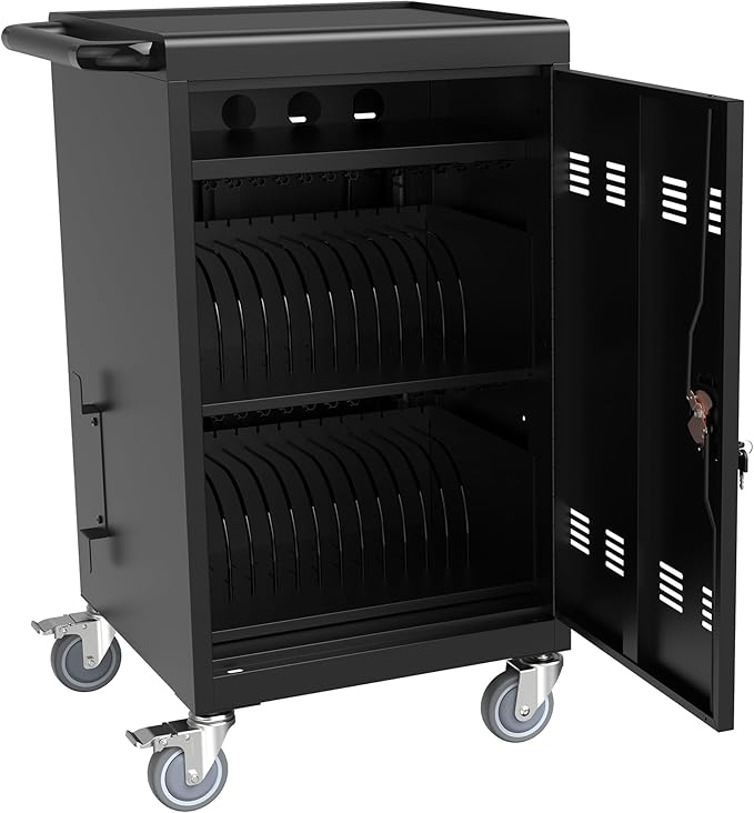 30-Device Mobile Charging Cart with Charging Power Strip and Front and Rear Access Locks, Cable Management, Up to 17"", Safe Charging Cabinet for Ipads, Chromebooks, Tablets, Laptops Black