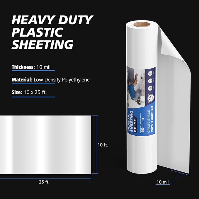 Crawl Space Vapor Barrier - 14 mil 10' x 25', Vapor Barrier for Crawlspace Encapsulation kit, Vapor Barrier Plastic Material, Crawlspace Liner, Heavy Duty Plastic sheeting, Black and White Panda Film