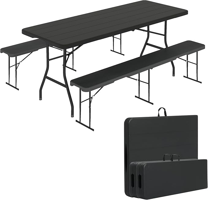 Folding Picnic Table Set with 2 Benches, 6 ft Camping Table Chair Set, 3-Piece Folding Furniture for Indoor or Outdoor Use, W/Handle and Safety Locks,Smooth Tabletop, Black