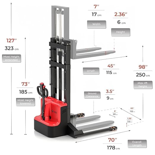 Full Electric Forklift Walkie Pallet Stacker 3300 Lb Capacity 98 Inch Lifting Height and Full Electric Power Pallet Jack 4400 Lb Capacity 48” L x 27” W Fork Size