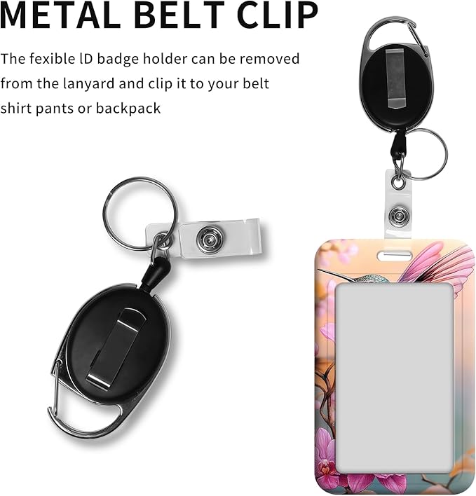ID Badge Holder with Retractable Lanyard for Women & Men,Vertical ID Card Holder Wallet,Clear Window&Card Slot,Detachable Neck Strap for Nurse Teacher Office,Hummingbird & Orchid