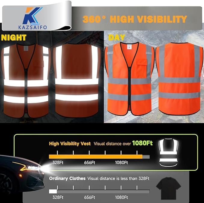 Hi Vis Reflective Safety Vest for Men Women Work,Mesh High Visibility Class 2 Construction Vest with Chest Pocket and Zipper Front,Meets ANSI/ISEA Standard (KZ179-Orange-L)
