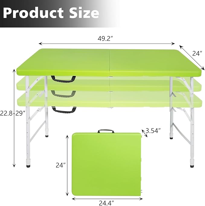 Portable 4Ft Adjustable Height Plastic Folding Table, Heavy Duty Fold-in-Half Table with Carrying Handle, Small Utility Foldable Table for Picnic Party Camping BBQ, Indoor/Outdoor (Green)