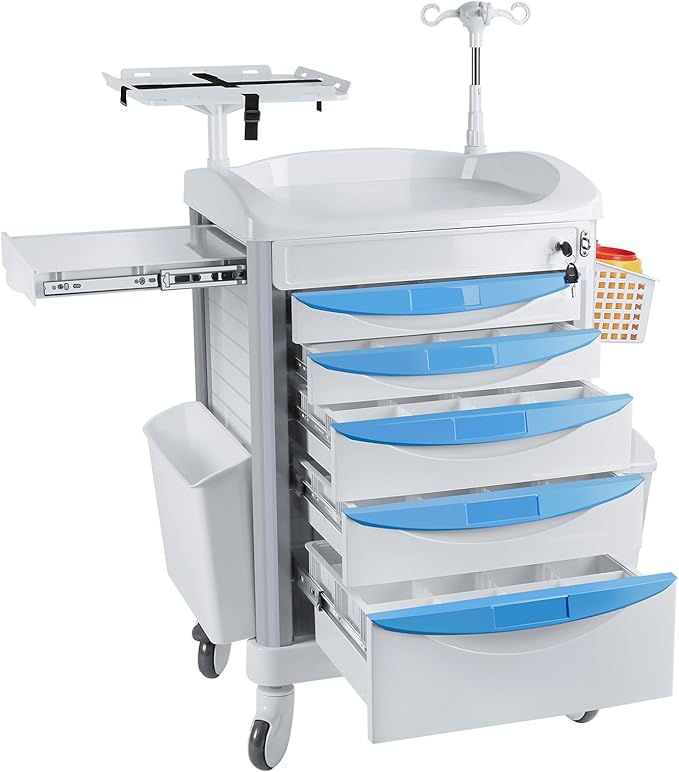 Kalolary Adjustable Rolling Medical Storage Crash Cart with 5 Drawers & 4 Silent Wheels, Mobile Medical Cartwith 2 Trash Cans for Clinic, Hospital, Salon