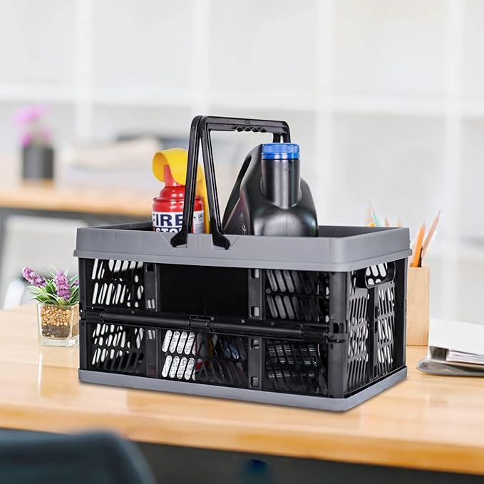 plastic baskets with handles 20L,collapsible crates for storage,14.96"x9.84"x7.87" foldable shopping basket ,foldable crate with Handles for car Classroom Kitchen Bathroom Medicine Milk