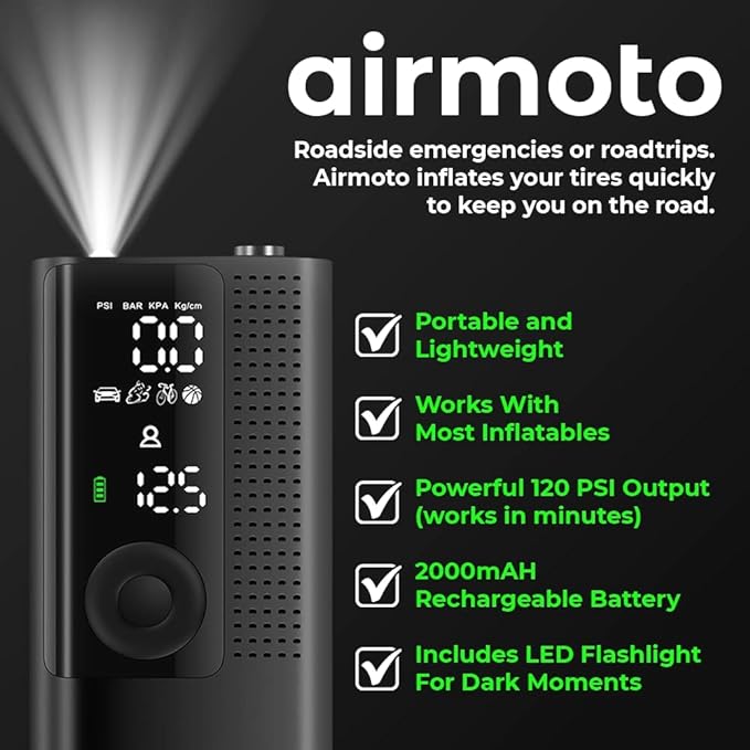 Airmoto Tire Inflator Portable Air Compressor - Air Pump For Car Tires with Digital Pressure Gauge, LED Light and Auto Shut-Off Function - Cordless Pump for Car, Motorcycle, Bicycle, Ball