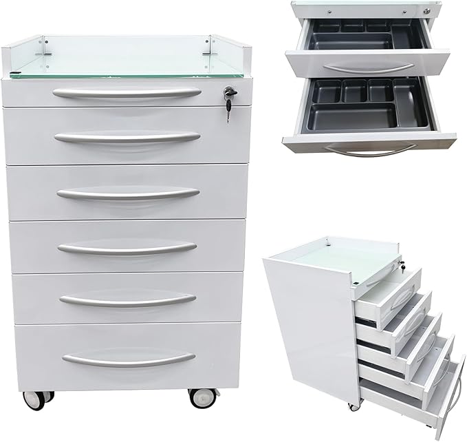 Dental Assistant's Mobile Cabinet 5 Drawer Office File Storage Cart Mobile Utility Storage Cart Stainless Steel Moving Side Cabinet with 2 Pallets Lock Wheels for Dental Medical Office