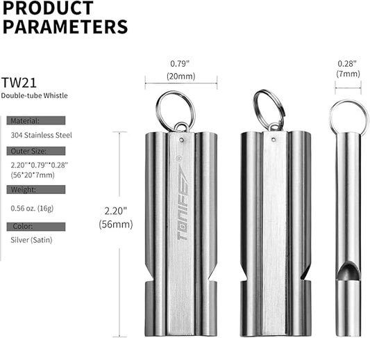 TONIFE Double-Tube Whistle Emergency Whistle with Ball Chain, Survival Whistle Stainless Steel Outdoor Loud Emergency Whistle for Camping Hiking Boating