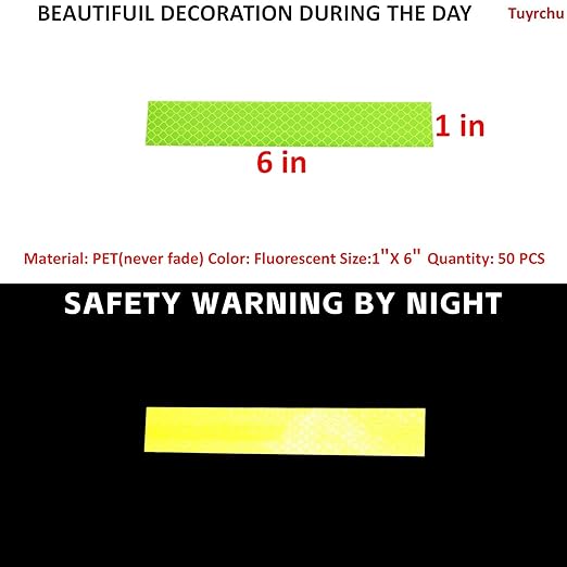 Non Fading Fluorescent Yellow Reflective Stickers 1 inch X 6 inch, Outdoor Waterproof High Visibility Safety Adhesive Reflector (50 Pcs)