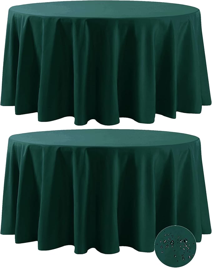 Fokitut 2 Pack Waterproof Round Tablecloth, 120 Inch, Stain Resistant and Wrinkle Polyester Table Cloth, Fabric Table Cover for Kitchen Dining, Wedding, Party, Holiday Dinner-Hunter