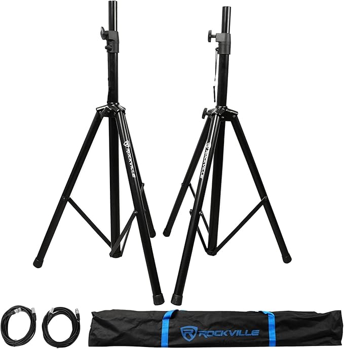 Rockville RVSS2-XLR Adjustable Tripod Speaker/Light Stands (2), 132 lbs Capacity, Includes (2) 20-Foot XLR Cables, Travel Bag, Steel Build, for DJs and Live Setups