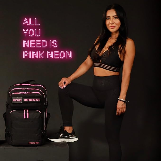 WOLFpak 45L Athletic Gym Backpack - Durable 1000D Waterproof Oxford Material with MOLLE Webbing, Laptop Pocket & Dual Cup Holders, Durable Fitness/Travel/Military Daypack (Neon Pink)